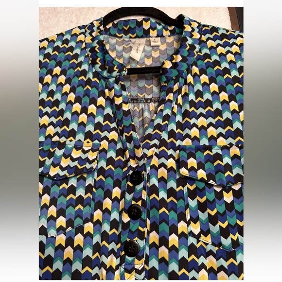 tacera women green Zig Zag Print button up shirt dress size L - Picture 16 of 16